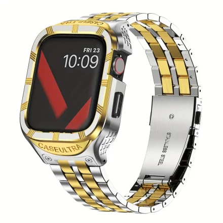 Specially Designed Stainless Steel Protective Case And Strap For Apple Ultra2/1 Watch, High-quality Golden Metal Strap And Sturdy Protective Cover Suitable For Apple Watch 49mm 45mm 44mm 42mm, Men's And Women's Business Apple Watch Strap Series 9 8 7 6 5 