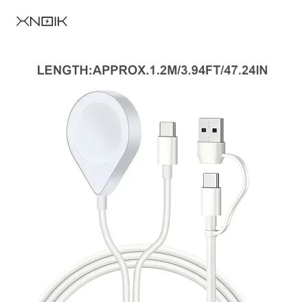 XNOIK 2-in-1 Magnetic Wireless Charger Cable, Fast Charging, Durable USB to Multi-Device Connector for iPhone 15/14/13/12, Apple Watch Series 1-9, AirPods & Android Devices - Flat Design with Cat7 Ethernet Compatibility