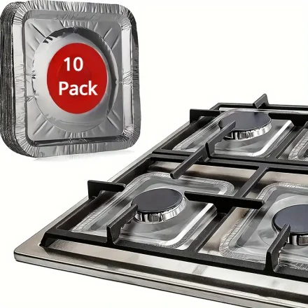 [10pcs Gas Stove Burner Covers] 10-Pack HeatGuard Disposable Aluminum Gas Stove Burner Covers, 21.59cm Square Heat-Resistant Protectors, Kitchen Burner Liners for Grease Splatter & Dirt Build-Up Prevention