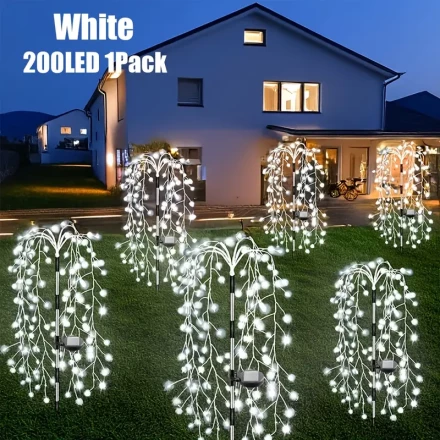 FACHOI Solar-Powered Willow Firecracker Lights - 200 LED,, 8 Lighting Modes, Flexible Copper Wire, Warm White for Outdoor Garden Decor, Ideal for Valentine's Day, Christmas, Weddings, Camping - 1pc, Outdoor Solar Lights