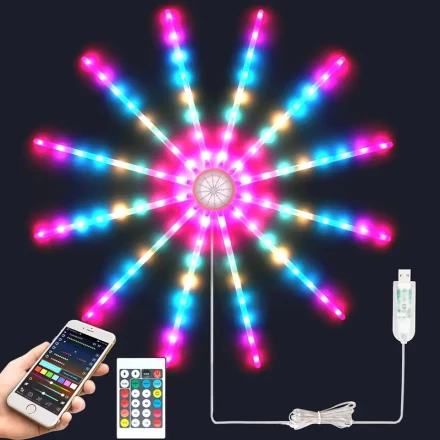 AMILL Smart Fireworks LED Strip Lights, USB Powered, Music Sync, Remote Controlled, Semi Flush Mount, Detachable, Multi-Color, Sound Reactive Atmosphere Lighting for Commercial Street, Window, Wall Decor