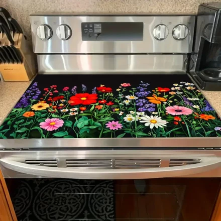 1pc, Floral Patterned Polyester Stove Mat, Non-Slip Protective Cover for Stove and Desktop, Vibrant Kitchen Accessory, Home Decor