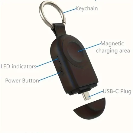 Portable Magnetic Wireless Charger. Easy-to-carry. USB type C. 1200mah power bank. Indicator light. Compatible with Apple Watch series. Compatible with Airpods 3/2/Pro.