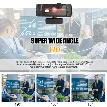 A Webcam And Microphone Suitable for Desktop Computers, Featuring Autofocus 8K Resolution, Comes with a Tripod Mount And Privacy Cover. Super Hi-Vision USB Webcam for Video Conferencing And Live Streaming with a 120-Degree Wide Angle.