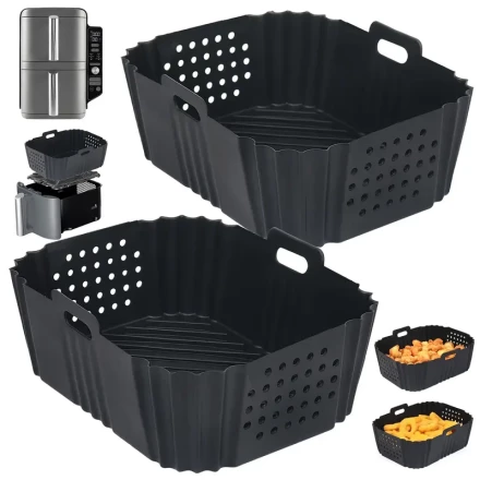 2pcs Silicone Air Fryer Liners for Ninja XL 9.5L & Dual Models - Reusable, Non-Stick Basket Accessories Compatible with AF400UK, AF451UK, Tower T17088 - Black