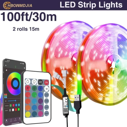 HBOWMDJIA Smart LED Strip Lights for Bedroom - 91.44cm-30.48meter, Color Changing with App & Remote Control, USB Powered, Perfect for Home Party Decor, LED Lights for Bedroom