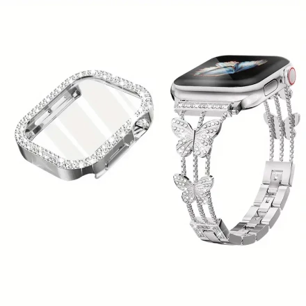Luxury Diamond-Encrusted Metal Band Watch Strap with PC Protective Case, Compatible with Apple Watch Series 10/9/8/7/6/5/4/SE, 41/44/40/45/46/42mm, Sparkling Butterfly Inlay Design, Ultra Replacement Band