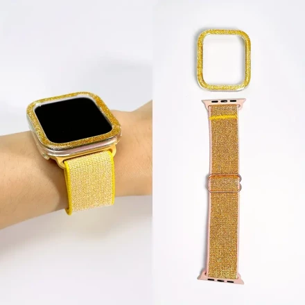 1pc Glittery Polyamide Stretchy Band and Bling Bumper Case for Apple Watch, Compatible with 40mm/38mm/41mm/42mm/44mm/45mm, Elastic Nylon Strap with Protective Frame for iWatch Series 1-10, SE - Non-Water Resistant