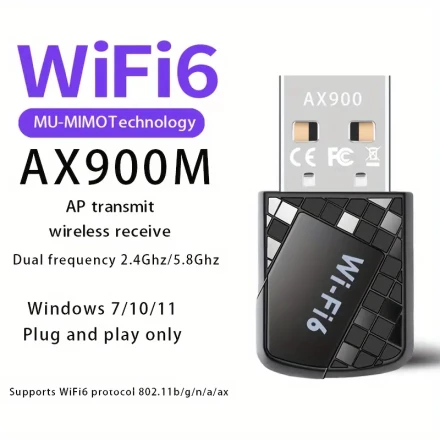 MU-MIMO AX900m USB 900Mbps WiFi6 Wireless Adapter, Dual Band 2.4GHz & 5.8GHz, Supports 802.11ax Protocol, Strong Penetration & Long-Range Transmission, Enhanced Coverage & Wall-Penetrating Performance, Plug-and-Play for Windows 7/10/11, Compact Black Desi