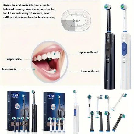 Round Head Rotating Electric Toothbrush with Soft Bristles for Adults, Rechargeable and Fully Automatic Smart Toothbrush, 4 Replacement Brush Heads, Suitable for Men/Women/Couples