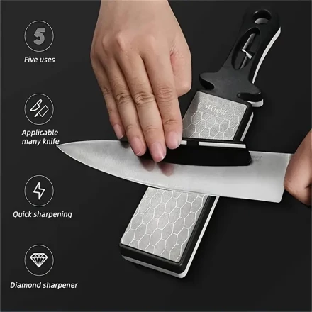 5-in-1 Premium Diamond & Ceramic Knife Sharpener - Dual Grit 400/1000, Manual Kitchen Sharpening Tool for All Blades