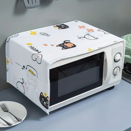 1pc Adorable Cartoon Cat & Floral Microwave Oven Dust Cover - Non-Electric, Durable Plastic, Kitchen Decor Protector with Side Pocket for Easy Access, Microwave Accessories