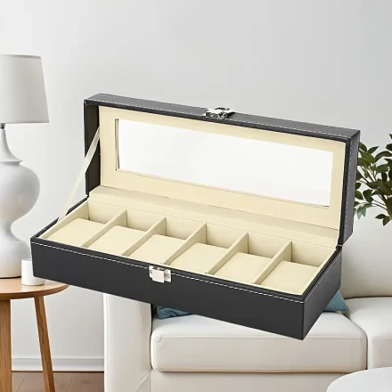 Luxury Black PU Leather Watch Box with Velvet Lining, Flip Cover & 6 Compartments - Waterproof Storage and Display Case for Collectors, Cream Interior, Perfect for Watch Enthusiasts