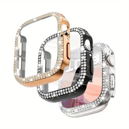 3pcs Rhinestone Watch Case for Apple Watch, 42mm/46mm/41mm/45mm/40mm/44mm, Tempered Glass Screen Protector, Double Row Bling Crystal Diamonds, Hard PC Bumper Protective Cover, Lightweight, Compatible with iWatch Series 10/9/8/7/6/5/4/SE, Apple Watch Acces