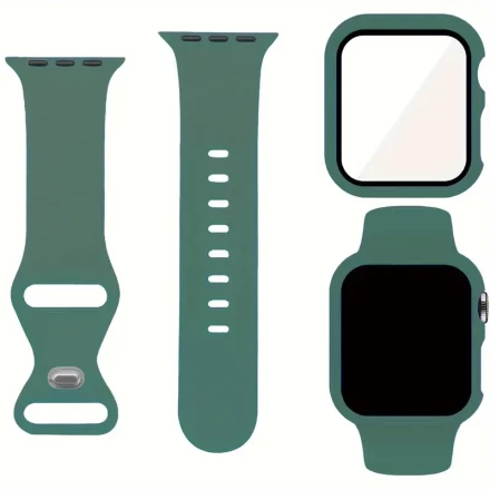 2pcs/set Men Women Cute Soft Silicone Sport Watch Strap Comfortable Adjustable Waterproof Wristband & 2in 1 Screen Protector Ultra-Thin Tempered Film Watch Case, for Apple Watch Band 38/40/41/42/44/45/46/49mm, for Apple Watch Series Ultra/SE/10/9/8/7/6/5/