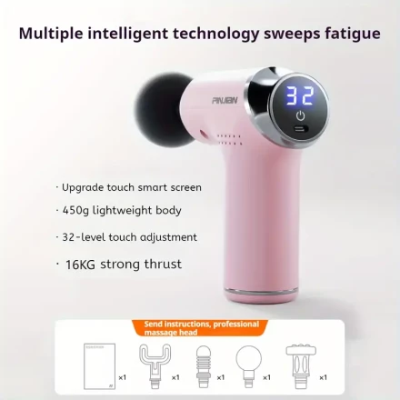PJ Neck massager for deep tissue muscle massage grab for athletes, 32 strength levels, fast charging, LED display, touch switch, 25W power, portable handheld massage gun, 4 massage heads, soothing muscles - the perfect gift choice