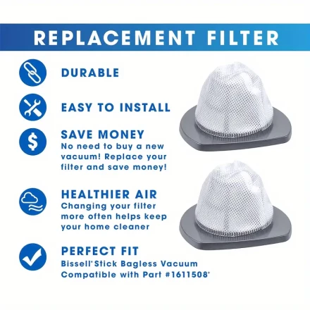 Bissell Featherweight Stick Vacuum Cleaner Replacement Filters - Compatible with 20331, 20333, 20334, 20336, 20339, 2033m Models - Includes 1 Mesh & 1 Foam Filter, Part #1611508