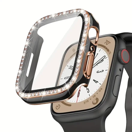 1pc Rhinestone-Encrusted Anti-Fall 2-in-1 Ultra-Thin Tempered Glass Screen Protector for Apple Watch, Scratch Resistant Hard PC Shell, Water-Resistant, for Series SE/10/9/8/7/6/5/4/3/2/1, Fashionable Glamorous Watch Case Accessory