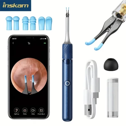 Inskam 3-in-1 Smart Ear Wax Removal Kit with Camera - Includes Tweezers & Spoon, USB Rechargeable 240mAh Lithium Battery, High-Efficiency 1200W Cleaning Tool, Available in Black/White/Blue