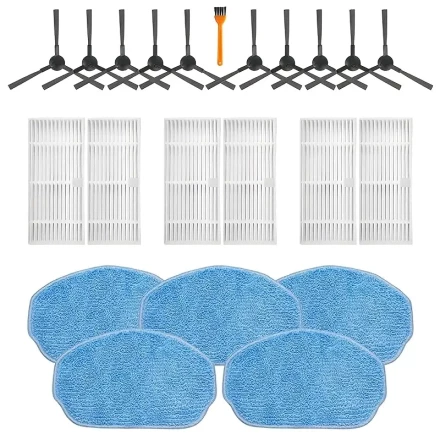1 Set Robot Vacuum Accessories Kit for MAMNV/ZCWA/MANVINS/GTTVO/ONSON BR150/BR151 - Includes 6 HEPA Filters, 5 Microfiber Mop Pads, 10 Side Brushes, 1 Cleaning Brush - Plastic, No Battery