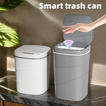 New White/Gray Office Series Combination Striped Design Smart Trash Can, Battery Powered, ≤36V Operating Voltage, with Built-in Infrared Sensor, No Battery Included, for Office, Bedroom and Other Places