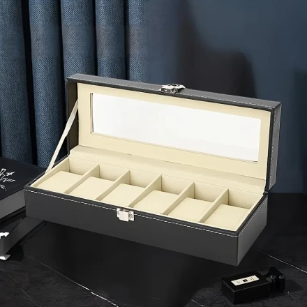 1pc Black PU Leather Watch Display Case, 6-Slot Velvet Lined Watch Box with PU Flip Cover, Water-Resistant Outdoor Lifestyle Storage for Collection and Showcase - Random Color Interior