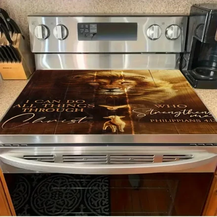 A Faith-Inspired Gas Stove Protector Mat - Heat-Resistant And Scratch-Proof, Featuring Bible Verses And a Lion Design, Easy to Clean, Bringing Inspiration And Dignity to Your Kitchen.