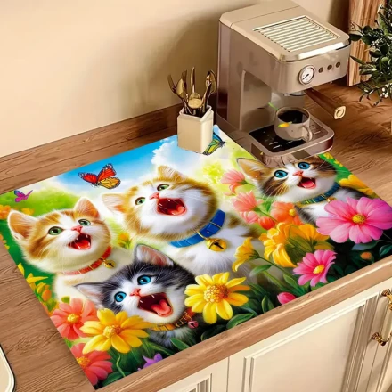 1pc Cute Kitten Stove Cover Pad, Polyester, Cat and Flower Pattern, Anti-slip, Vibrant, Without Battery, for Stove, Desktop, Kitchen, Home Decoration