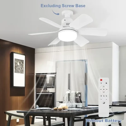 6-Blade White LED Ceiling Fan Light with Adjustable Speed - Remote Control, 3 Light Modes, Easy Installation on E26/E27 Base, Ideal for Kitchen, Bedroom, Bathroom & Storage Spaces, Wall Fan for Bedroom