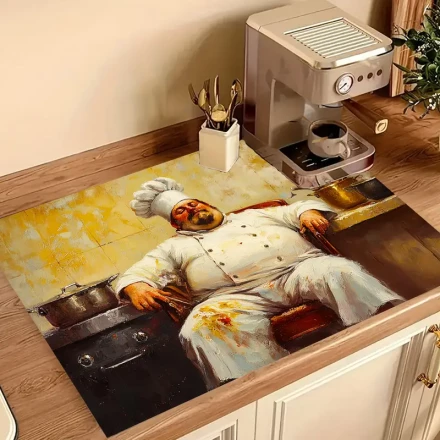 1pc Humorous Chef Rest Stove Cover Mat - Non-Slip Polyester Protective Pad for Kitchen Countertops, Comfortable & Decorative Home Kitchen Accessory with Artistic Chef Design, Coffee Machine Mat | Playful Kitchen Art | Nonslip Surface