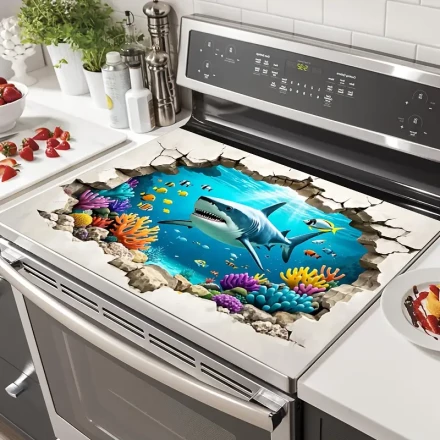 1pc Ocean Shark Breaking Wall Pattern Anti-Slip Stove Cover - 71.88x52.07 cm, Heat-Resistant & Scratch-Resistant Synthetic Material, Vibrant Underwater Design with Sharks, Fish & Coral Reefs - Perfect for Flat Top Ovens, Dryers & Kitchen Decor, Stove Top 