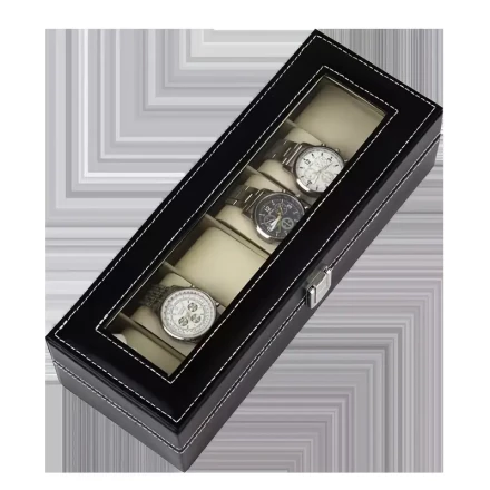 6-Slot Square Watch Display Box with Soft Velvet Lining, PU Leather Flip Top, Black Watch Storage Case for Collection and Showcase - Interior Color Random