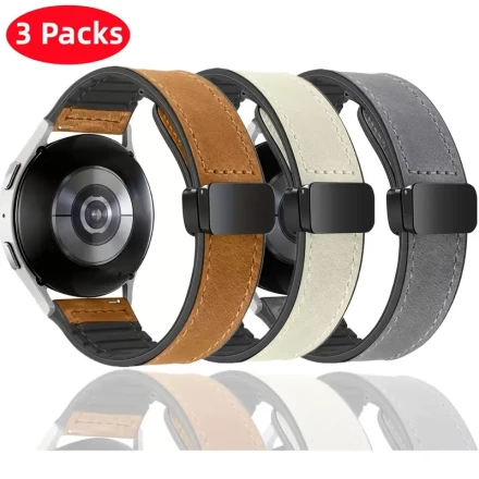 3-Pack 22mm/20mm Leather & Silicone Bands, Compatible with Samsung Galaxy Watch 6/5/4/3, Garmin, Xiaomi, Huawei, Smart Watch Straps, Active 2, Gear S2, 40mm/44mm/41mm/42mm, No Battery, Official Color Buckle Wristbands for Men & Women