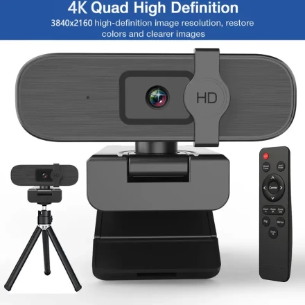 4K Webcam with Auto-Zoom, Remote Control, Privacy Cover, White Balance, Microphone, Plug & Play USB Webcam for Laptop/Desktop, Video Calling, Conferencing - No Battery Required, Webcam for Pc