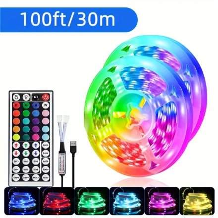Versatile LED Strip Lights 91.44cm-30.48meter - Color Changing, Adjustable Brightness with Remote Control, Easy Install & Cut-to-Fit Design for Bedroom, Kitchen & Home Decor, 44-key Remote Control, USB Interface, DIY Modes, Suitable for Christmas, Wedding