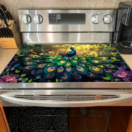 One Piece of a Peacock-Colored Floral Stove Mat, Made of Polyester with Anti-Slip Properties, Serving As a Protective Cover for Stoves And Desktops, Featuring a High-End Texture for Kitchen Accessories And Home Decor.