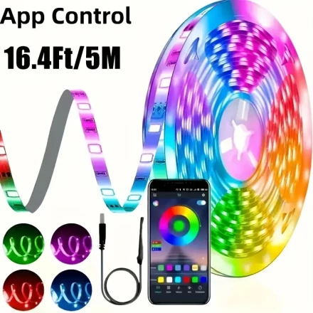 16.4Ft/5M RGB LED Strip Light, Powered by USB, Flexible Decorative Lighting, App-Controlled, Featuring Colorful And DIY Modes, Easy to Install for Bedrooms, Ceilings, And Party Atmospheres.
