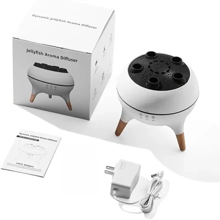Elegant 250ml Dynamic Jellyfish Humidifier with Essential Oil Diffuser - Remote Control, Timer, Non-Waterproof, Desktop Decor for Bedroom & Office, White with Wooden Stand