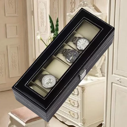 A Square Watch Display Case with a Suede Lining, a PU Flip Cover, a Black Six-Slot Watch Storage Box for Collection And Display - Interior Color Varies Randomly.