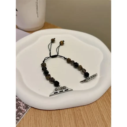 Black Beaded Bracelet Apple Watch Band - Stylish Synthetic Synthetic Leather Strap with Aluminum Alloy Clasp, Compatible with Apple Watch Series (38/40/41/42/44/45/46/49mm) & Ultra/SE Models, Elegant Bead Design for Casual Attire, Apple Watch Accessories