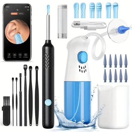 Wireless Earwax Removal Tool with a Camera And Light, Including a Cleaning Kit with Six Ear Scoops, Featuring Six Silicone Attachments Compatible with Ios And Android, for Easy And Safe Ear Cleaning at Home.