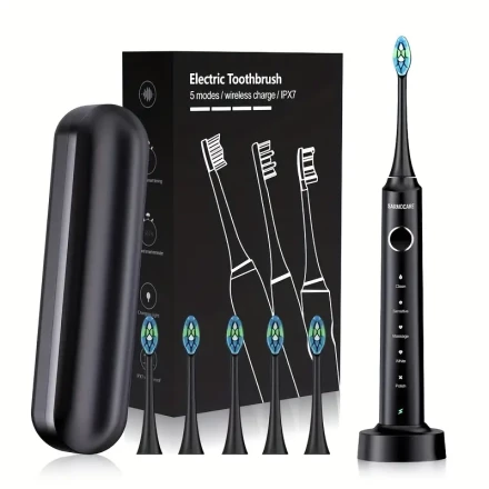 Sarmocare Soundwave technology Electric Toothbrush for Adults - Rechargeable with 5 Modes, Includes 6 Brush Heads, USB Charging, Ideal for Home & Travel, Perfect Gift