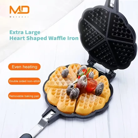 MOREDOR 6-Inch Heart-Shaped Non-Stick Waffle Maker - Double-Sided Aluminum Pan with Long Handle, Removable Baking Pan & Even Heat Distribution for Perfect Belgian Waffles at Home, Gas Stove Cookware | Doublesided Pan | Durable Kitchen Tool