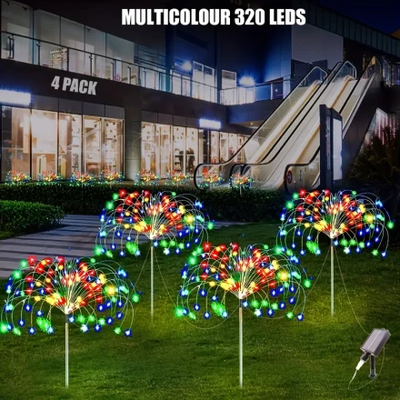 4pcs FACHOI 320 leds Intelligent smart solar firework lights, 240 leds Splash resistant, 8 lighting modes, outdoor garden, channel, lawn, wedding, party decoration, path decoration outdoor solar lamp decoration suitable for sending multicolour warm white.