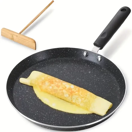 SHAON 10-inch Non-Stick Crepe Pan, Black Aluminum, Heat-Resistant Handle, Versatile for Gas, Electric, Rice Cooker, Perfect for Omelets, Steaks, Scrambled Eggs, and More, Breakfast Essentials | Sleek Crepe Pan | Nonstick Surface