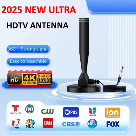 1pc 2025 Ultra High Gain HDTV Antenna, 4K UHD Digital TV Reception, Aluminum Alloy Indoor/Outdoor Amplified Signal Booster, Compatible with DVB-T2, DTMB, ATSC, DAB/FM, No Battery Required