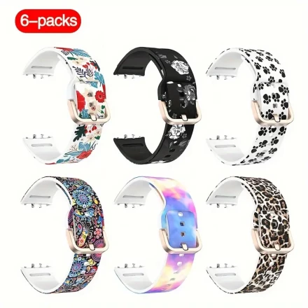 6-Pack Silicone Replacement Bands Compatible with Samsung Galaxy Fit 3 R390 - Soft Comfortable Sport Wristbands with Rose Gold Buckle, Skin-Friendly Patterned Straps