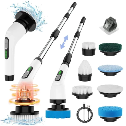 1pc INSKAM Cordless Electric Spin Scrubber with 10 Brush Heads, Dual Speed, Adjustable Handle,, 2500mAh Rechargeable Battery, USB Dual Power Mode, for Bathroom, Tub, Tile, Car Cleaning