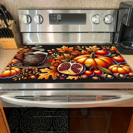 1pc Vibrant Autumn Harvest Stove Mat - Anti-Slip Polyester, Pumpkin & Hot Beverage Design, Protects Countertops, Ideal for Kitchen Decor