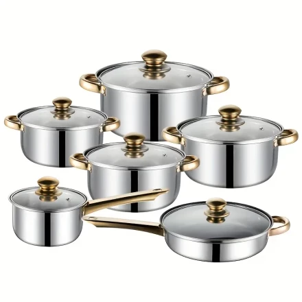 Golden Handle Pot Set, Non-stick Pot, Gold-plated Handle, Thickened Twelve-piece Set, Stainless Steel Single Handle Milk Pot, Double Ear Soup Pot Set, Gift Pot Set